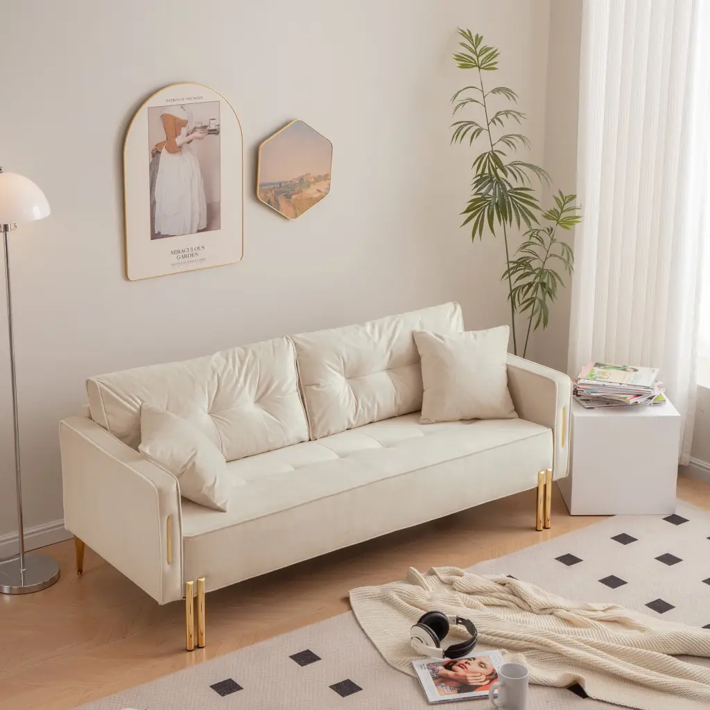 70 Velvet Sofa Couch Luxury Modern 3-Seater 2 Pillows Living Room & Small Spaces CNCJ