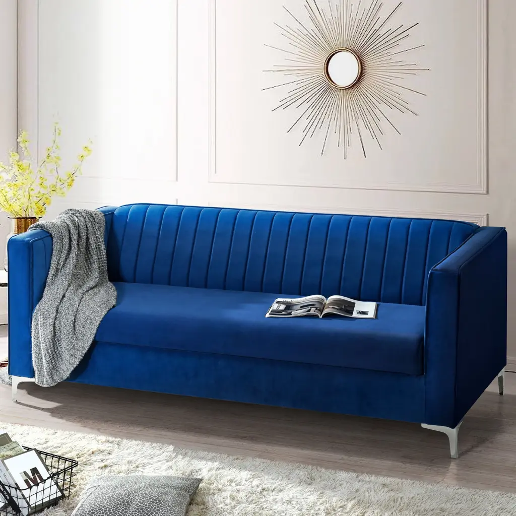 77.3 Inch Mid Century Velvet Sofa 2-3 Seater Modern Couch Striped Decoration and Metal Legs DeeHome