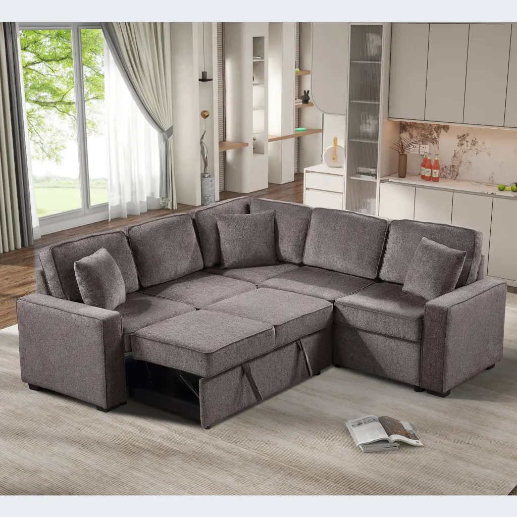 DeeHome 5 Seat Chenille Modular L Shaped Sofa Pullout Sleeper Light Brown