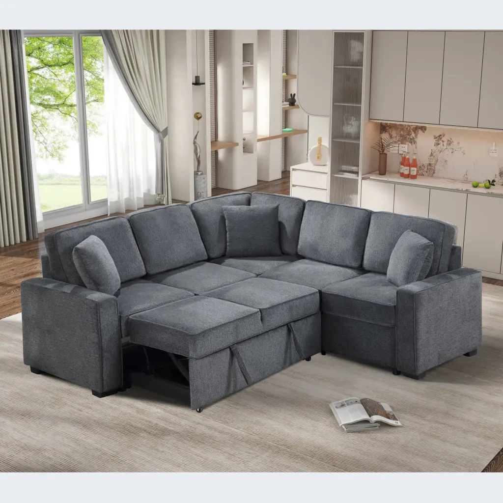 DeeHome 5 Seat Chenille Modular L Shaped Sofa Pullout Sleeper Dark Gray