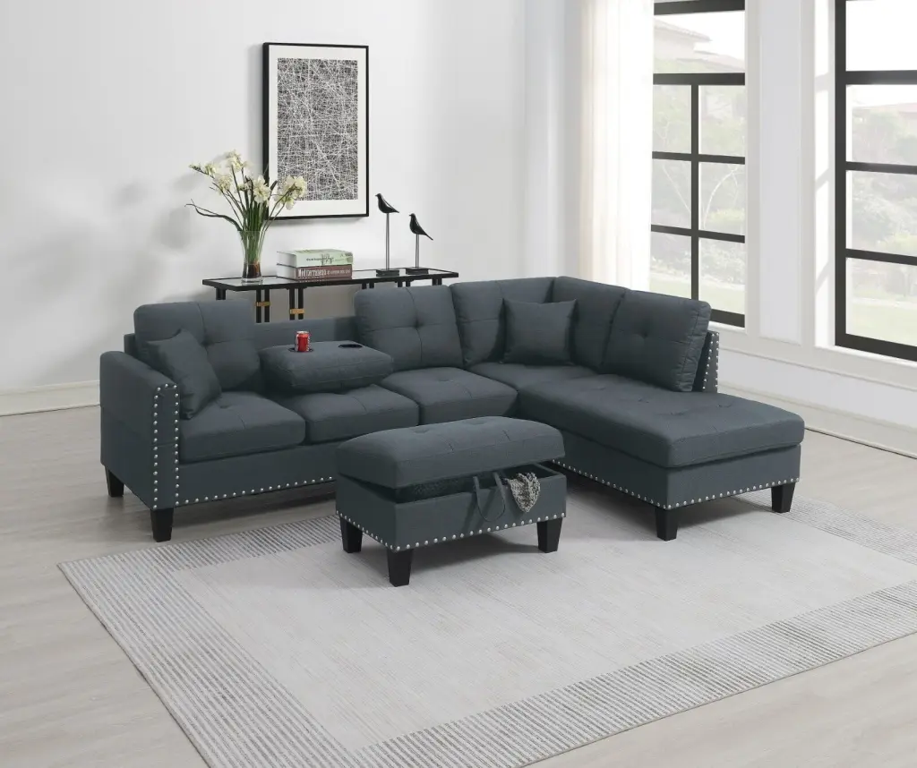 3pc Sectional Set Charcoal Fabric RAF Chaise LAF Sofa Cup Holder Storage Ottoman Esofastore