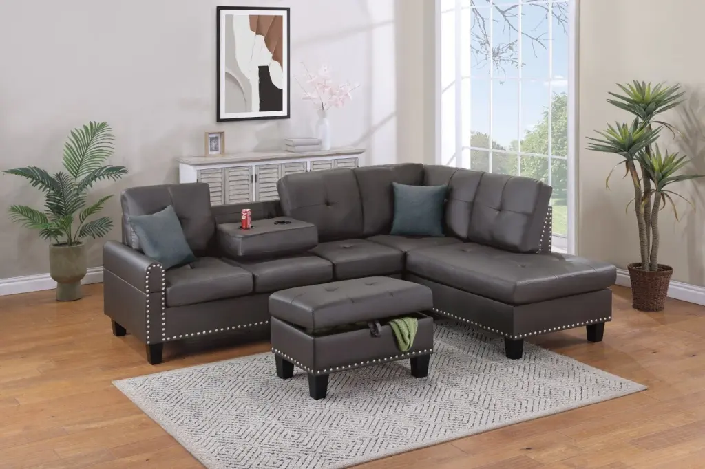 3pc Sectional Set Espresso Faux Leather RAF Chaise LAF Sofa Cup Holder Storage Ottoman Esofastore
