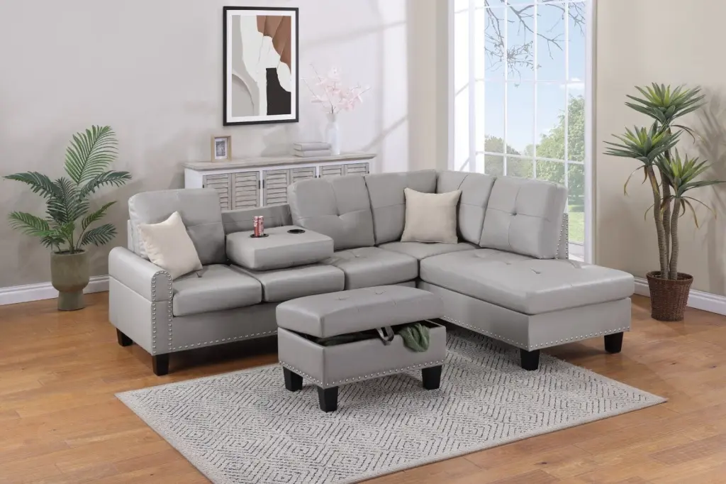 3pc Sectional Set Grey Faux Leather RAF Chaise LAF Sofa Cup Holder Storage Ottoman Esofastore