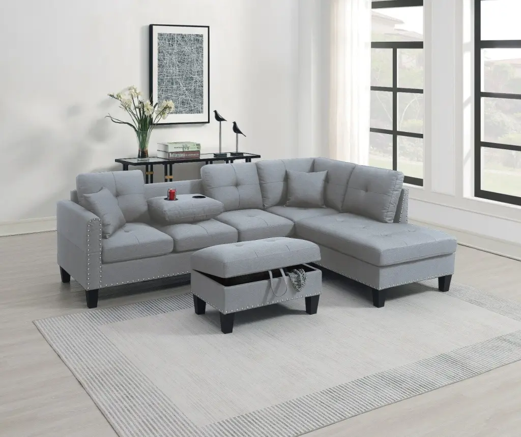 3pc Sectional Set Taupe Grey Fabric RAF Chaise LAF Sofa Cup Holder Storage Ottoman Esofastore
