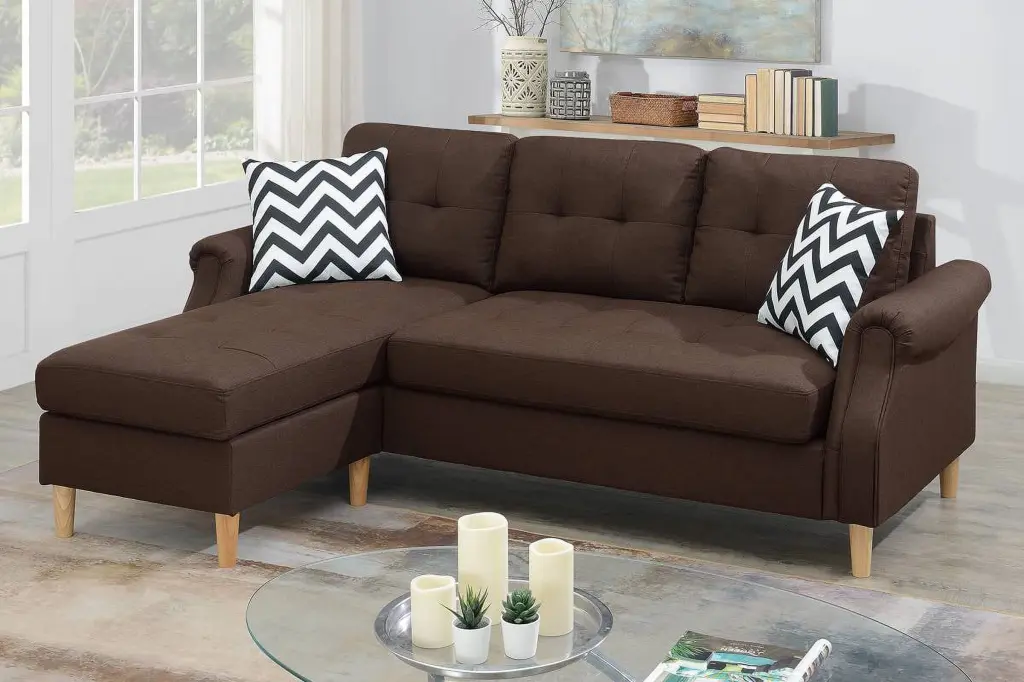Living Room Modern Compact Reversible Sectional Sofa Set Linen Like Fabric Dark Coffee Cushion Couch Esofastore