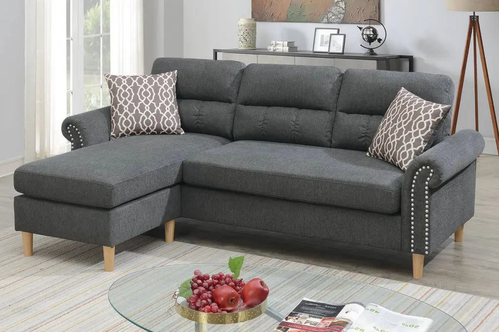Living Room Modern Slate Velvet Fabric Reversible Sectional Sofa Set Rolled Arms Chaise Esofastore