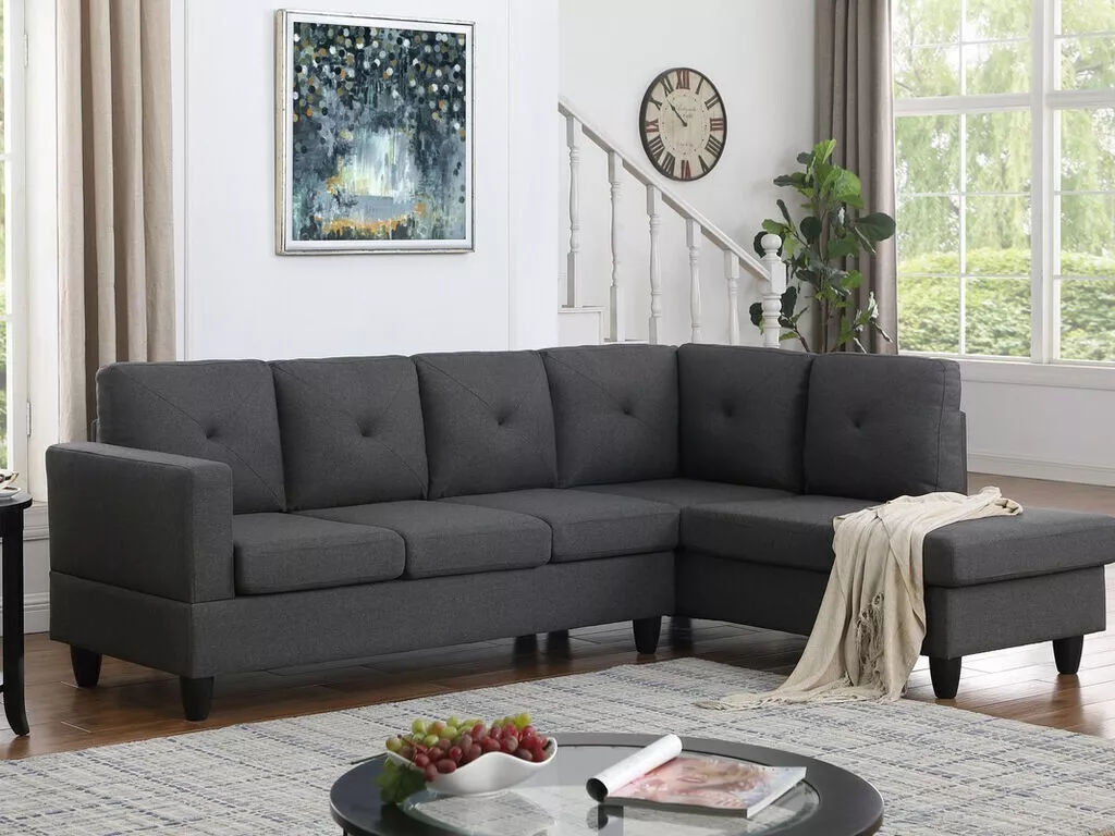 Modern L-Shape Sofa Dark Gray Lenin Upholstery 2pc Sectional Sofa Chaise and Tufted Back Esofastore