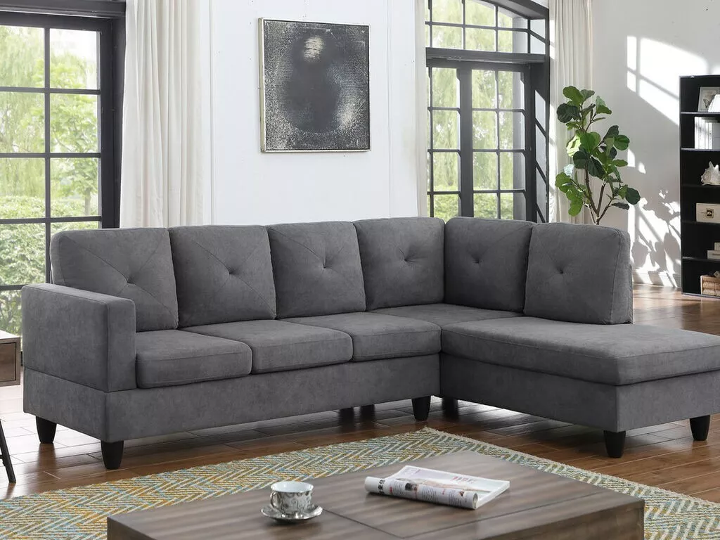Modern L-Shape Sofa Dark Gray Upholstery 2pc Sectional Sofa Chaise and Tufted Back Esofastore