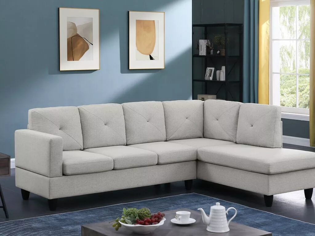 Modern L-Shape Sofa Light Gray Lenin Upholstery 2pc Sectional Sofa Chaise and Tufted Back Esofastore