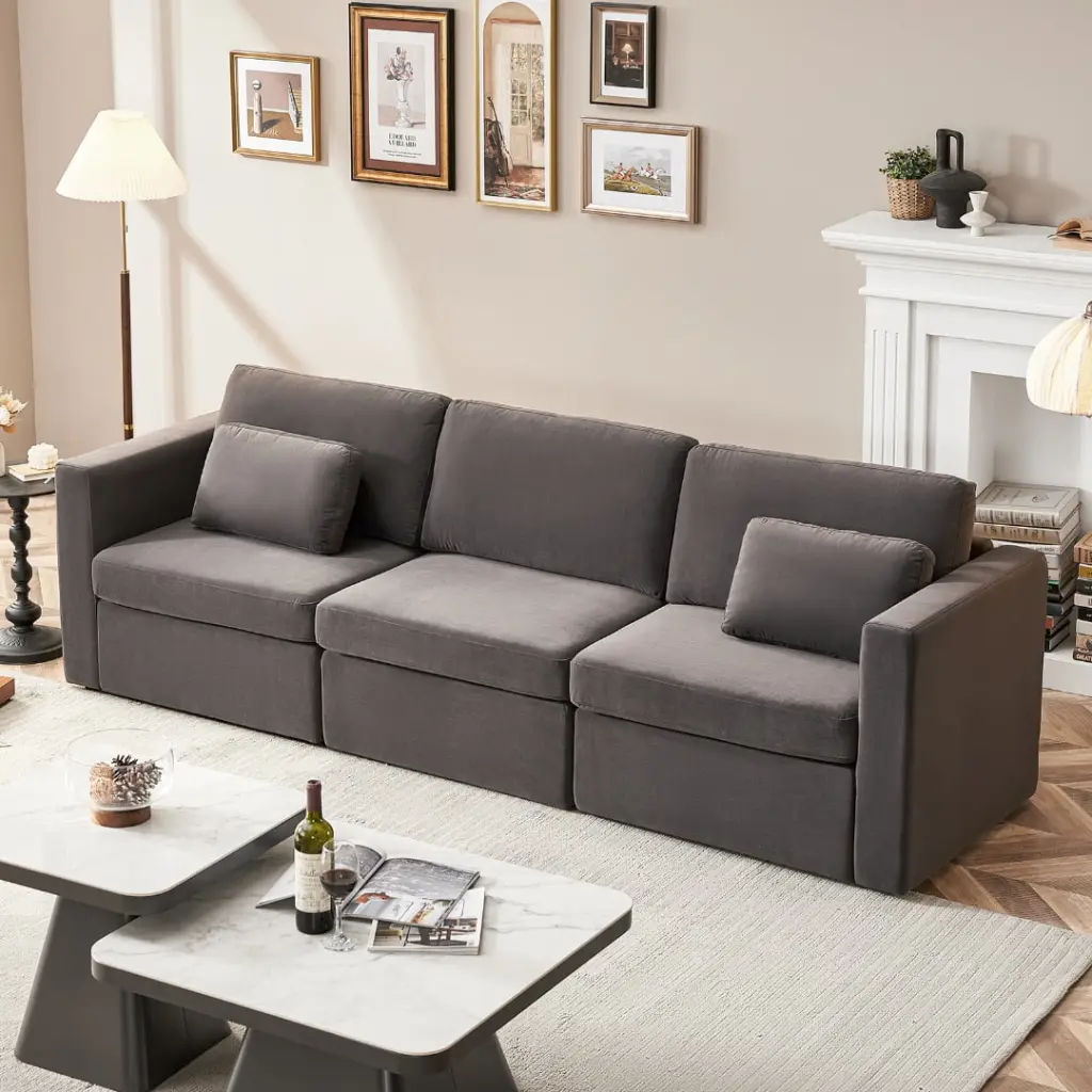 Modern Velvet 3-Seat Sectional Sofa Storage Ottomans Living Room Fajiani