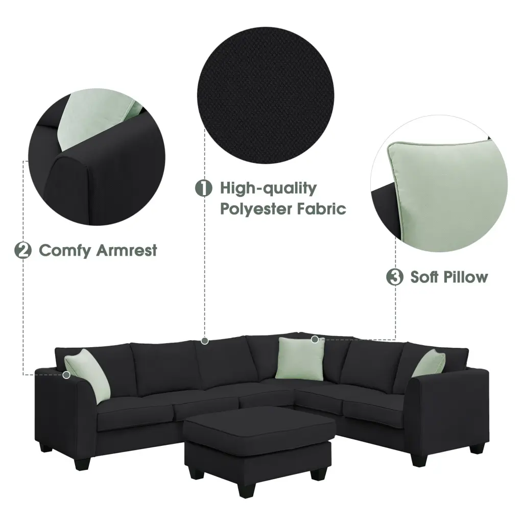 New 7 Seats Modular Sectional Sofa Ottoman and Pillows Black Fabric L Shape Couch Set Living Room Fencia
