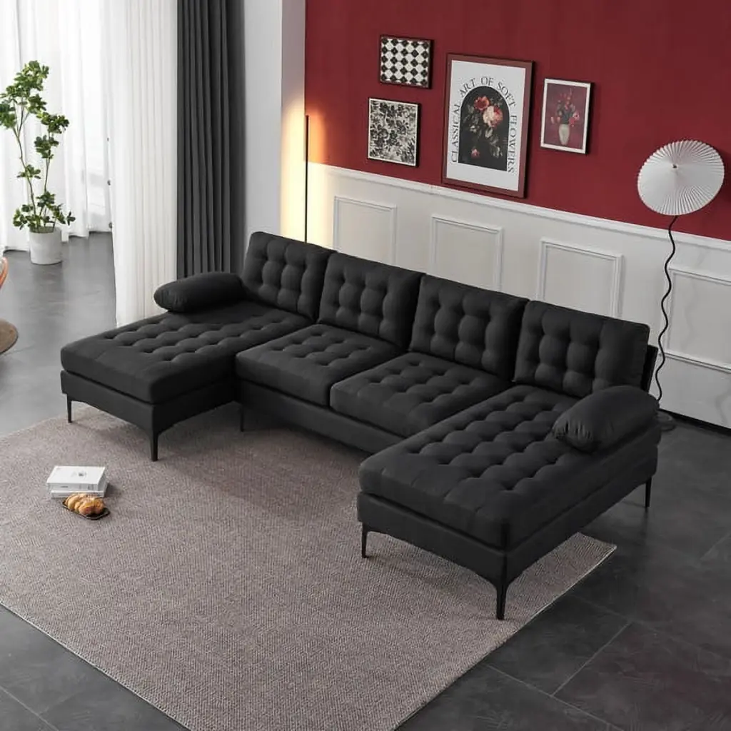 Fithood U-Shaped Soft-Covered Armrest Backrest Seat Pull Point Wooden Frame Iron Frame Black Feet Sectional Sofa