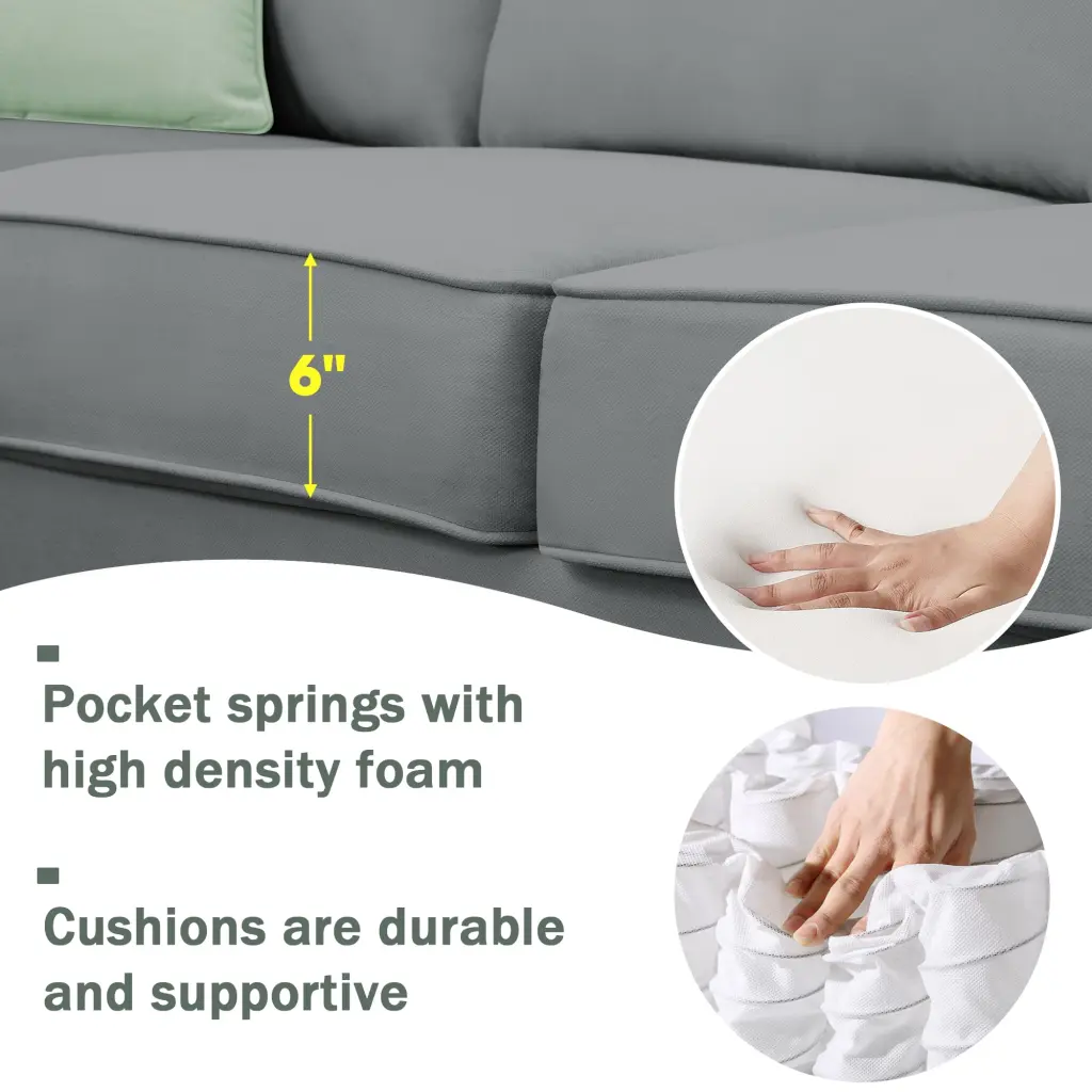 7-Seat Modular Sectional Sofa Ottoman and 3 Pillows L Shape Fabric Couch Set Living Room Grey Funwill