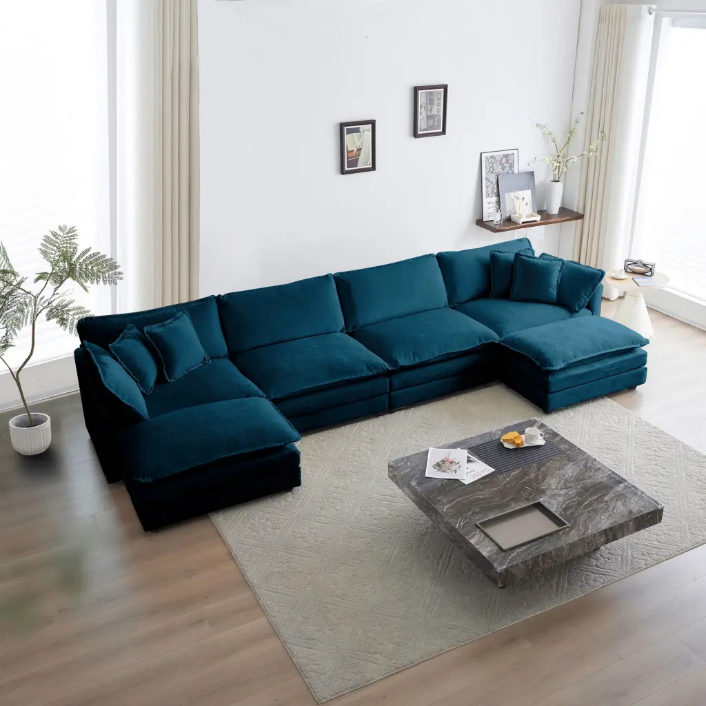 Gexpusm Modern U Shaped Sectional Sofa Oversized Chenille 5 Seater 2 Chaise Longue Blue