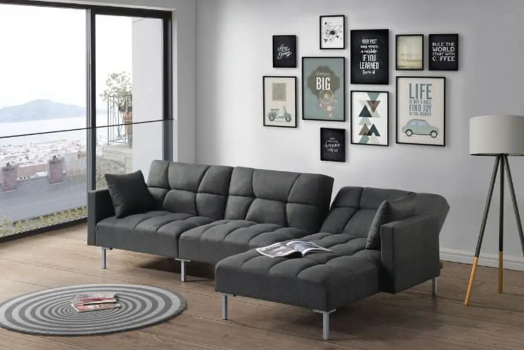 ACME Duzzy Reversible Adjustable Sectional Sofa Pillows Dark Gray Fabric Ghislaine