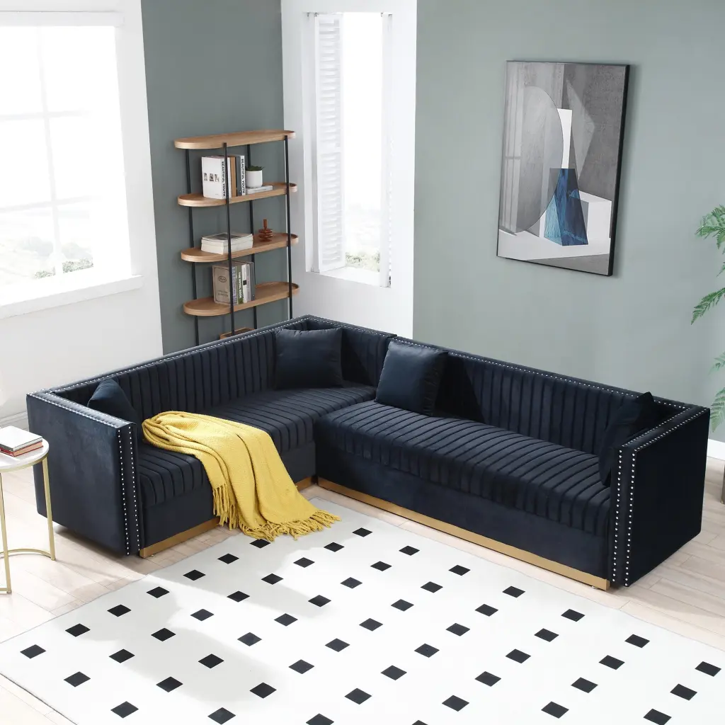 Contemporary Vertical Channel Tufted Velvet Sectional Sofa 4 Pillows Black Ghislaine