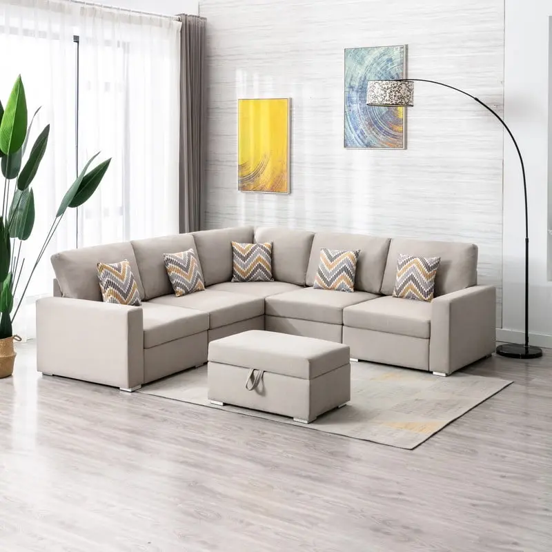 Nolan 95.5 Beige Linen Fabric 6-Piece Reversible Sectional Sofa Pillows Storage Ottoman and Interchangeable Legs Ghislaine