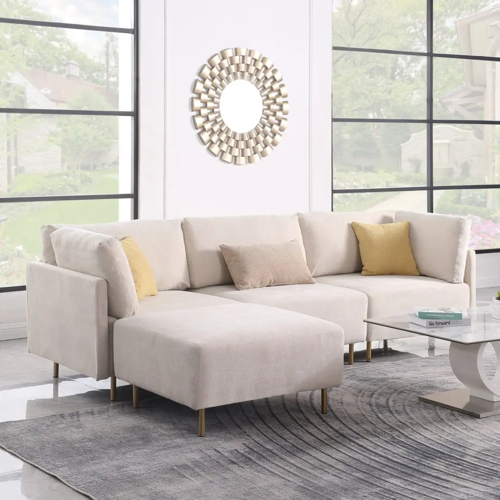 Beige Chenille Fabric 4-Piece L-Shaped Sectional Sofa Set Hardware Feet and Pillows HATNOKIL