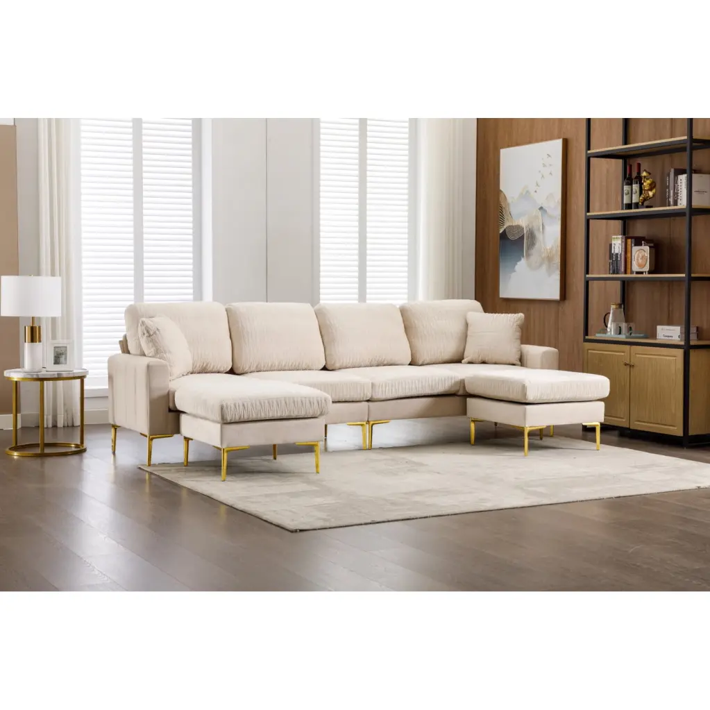 Beige Sectional Accent Sofa Velvet Finish Stylish Iron Feet Comfortable Modern Design Living Rooms HATNOKIL