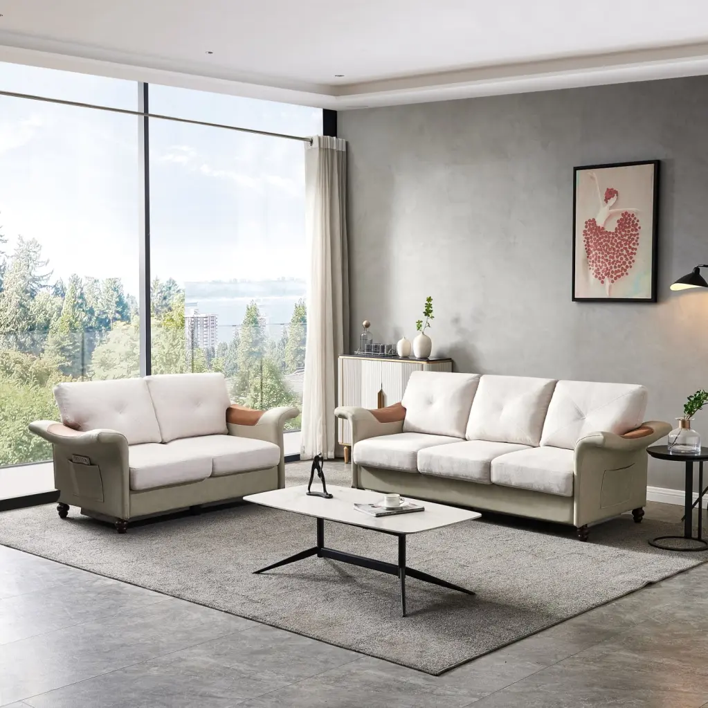 Beige 2+3 Sectional Living Room Furniture - Linen Fabric Faux Leather Sofa Sturdy Solid Wood and Metal Frame - Includes St...