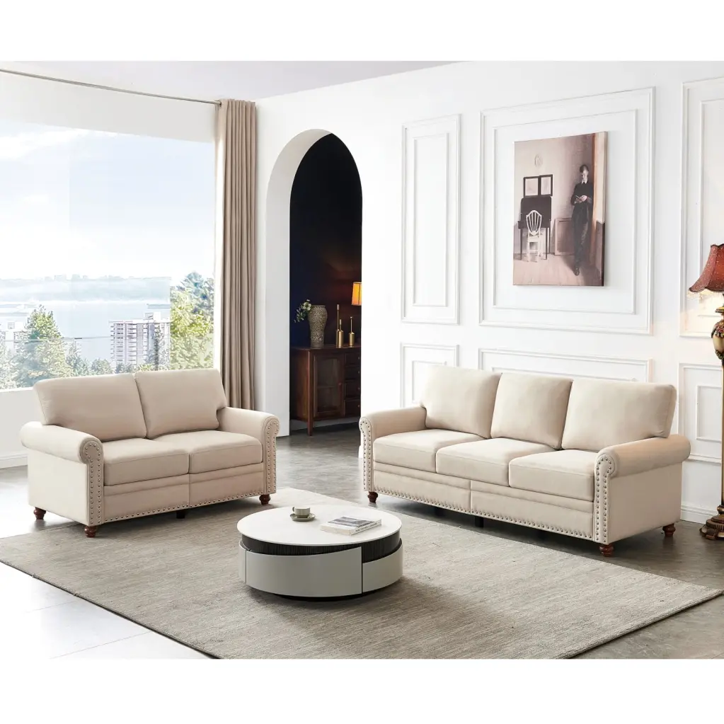 Beige 2+3 Sectional Sofa Storage and Linen Fabric Upholstery HATNOKIL