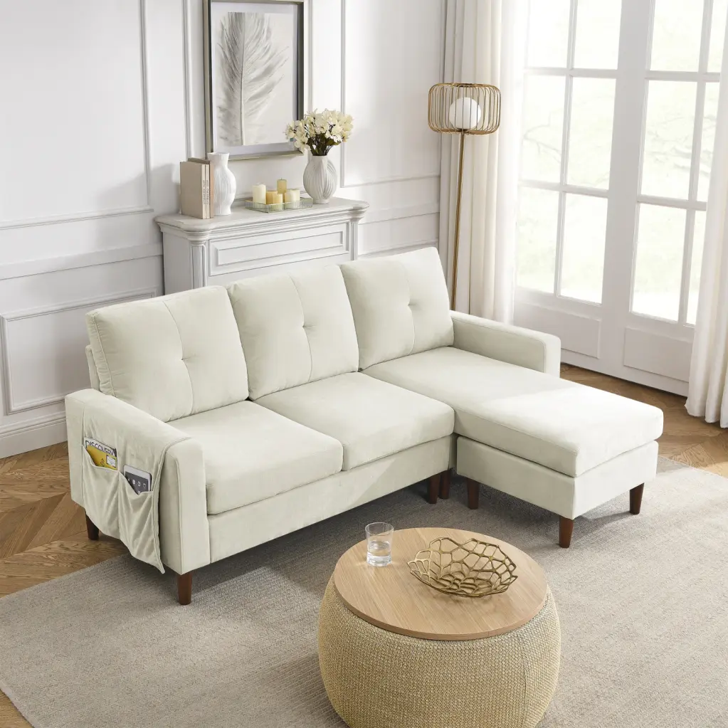 Elegant 80-inch Beige Chenille Convertible L-Shaped Sectional Sofa Detachable Cushions Rubber Wood Legs Plush Foam Seating...