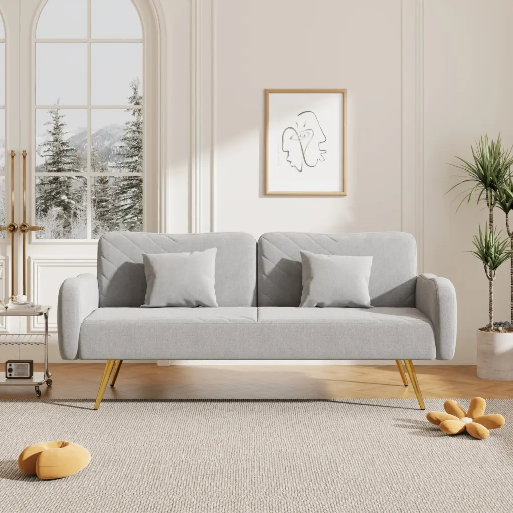 Gray Fabric Double Sofa 70.47 Split Backrest and Two Throw Pillows Soft and Comfortable Fabric Sturdy Eucalyptus Wood Fram...
