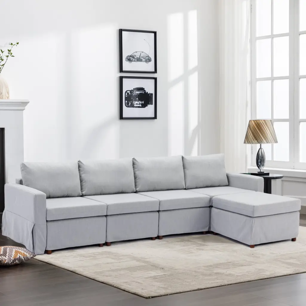 Light Grey 4-Seat Sectional Sofa Ottoman Contemporary Living - Linen Fabric & Rubberwood Frame HATNOKIL