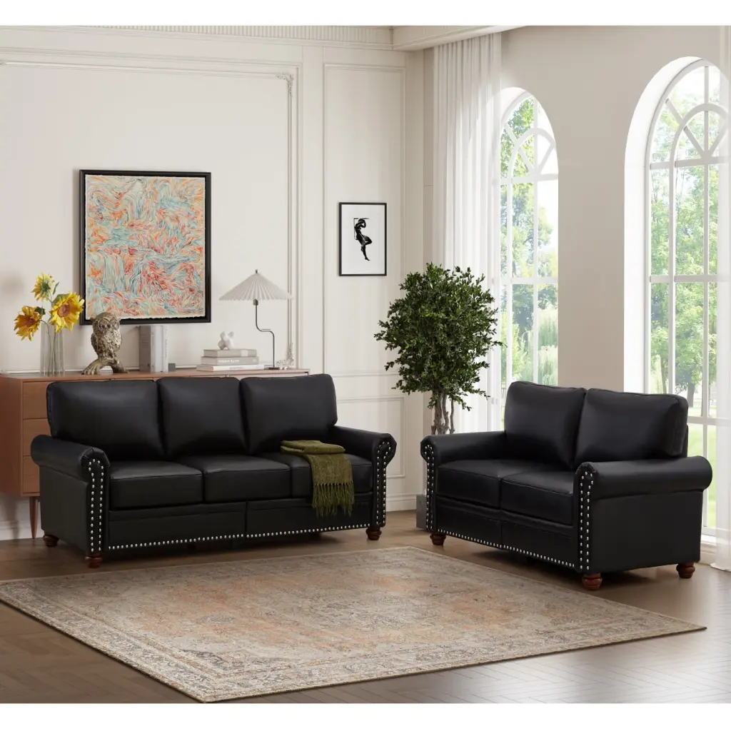 Luxurious Black Faux Leather Sectional Sofa Storage Silver Nailhead Decoration Living Room Couch HATNOKIL