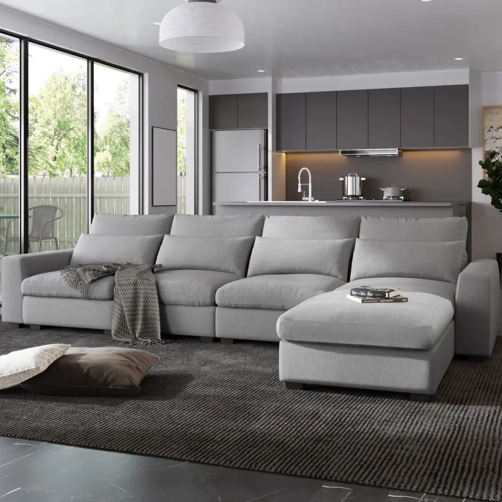Modern L-Shape Sectional Sofa Light Gray Feather-Filled Cushions and Reversible Chaise HATNOKIL