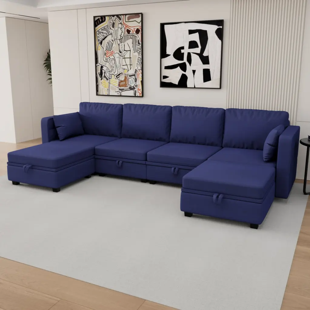 Navy Linen U-Shape Sectional Sofa Convertible Chaise and Integrated Storage HATNOKIL