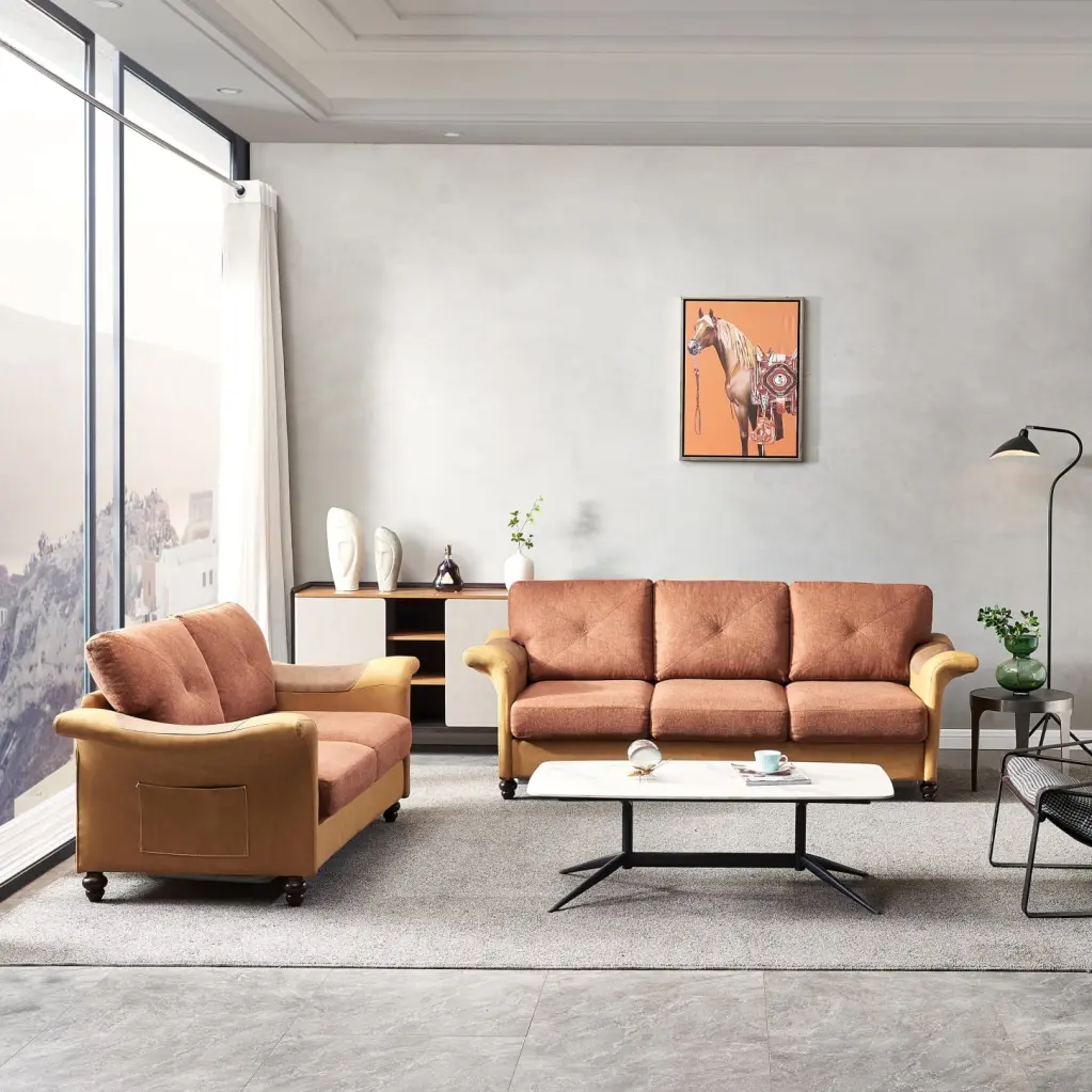 2+3 Sectional Living Room Furniture Brown - Linen Fabric Faux Leather Sofa Wooden Legs and Storage HATNOKIL