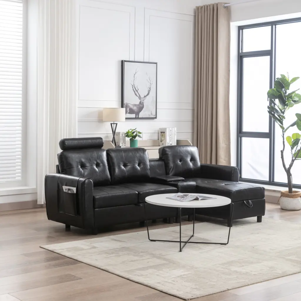 Sleek Black PU Leather Sectional Sofa Storage and Detached Ottoman - Stylish Living Room Furniture Foam Cushions HATNOKIL