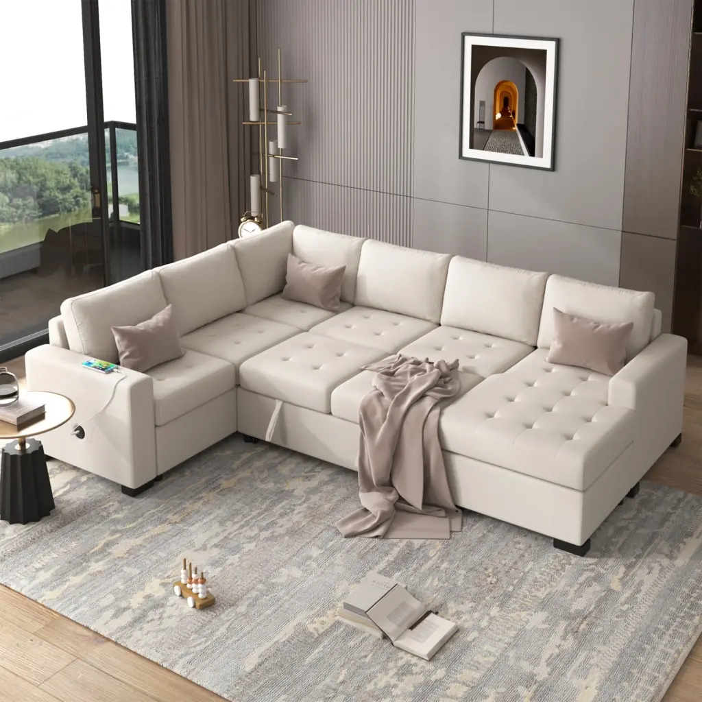 Holaki 7-9 Seat 108 Modular Combination Sofa Ottoman L-shaped Corner Combination - USB and Type-C Interfaces Beige