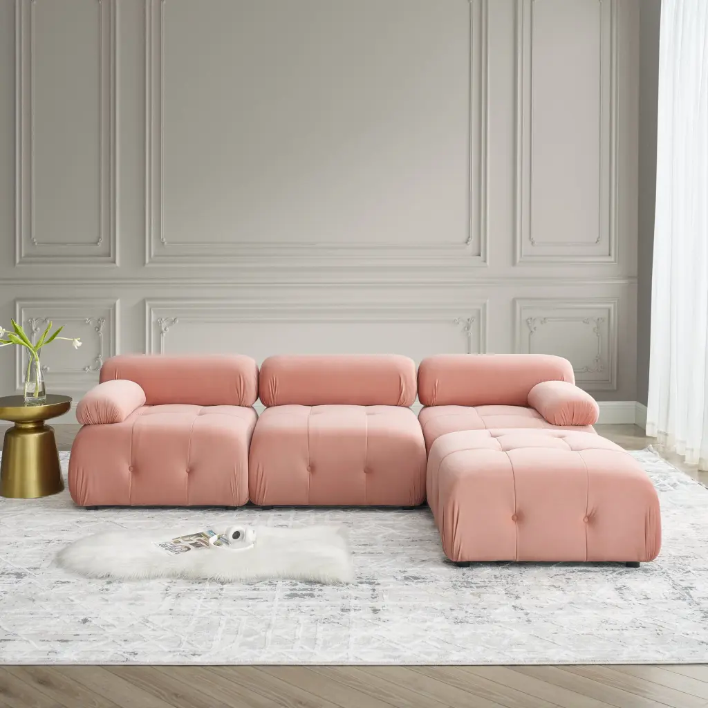 Homiyad Modular Sectional Sofa Button Tufted Design and Reversible Ottoman - Pink Velvet L-Shaped Couch