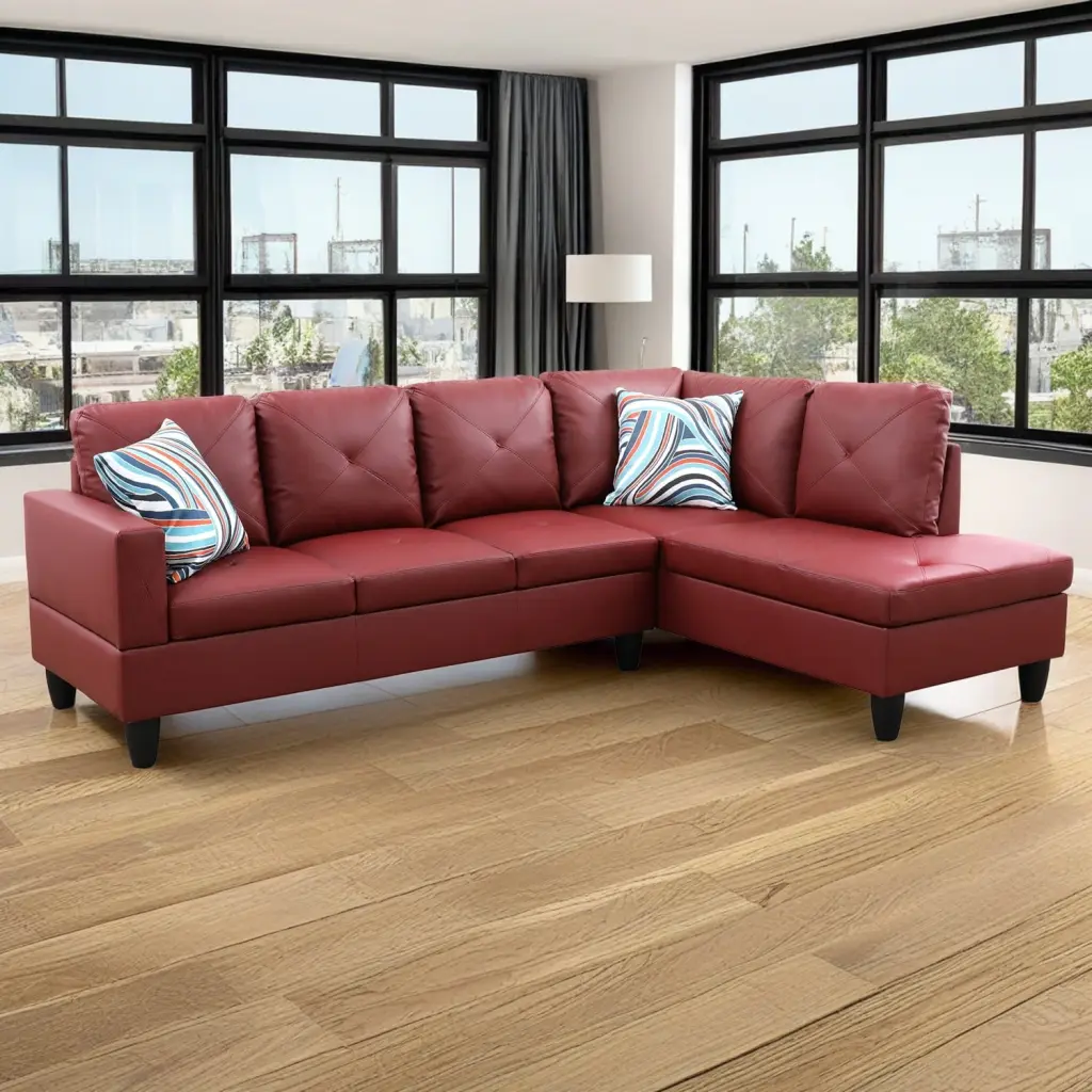 Hommoo 4-Seat Faux Leather L-Shaped Sectional Sofa Set Living Room Red