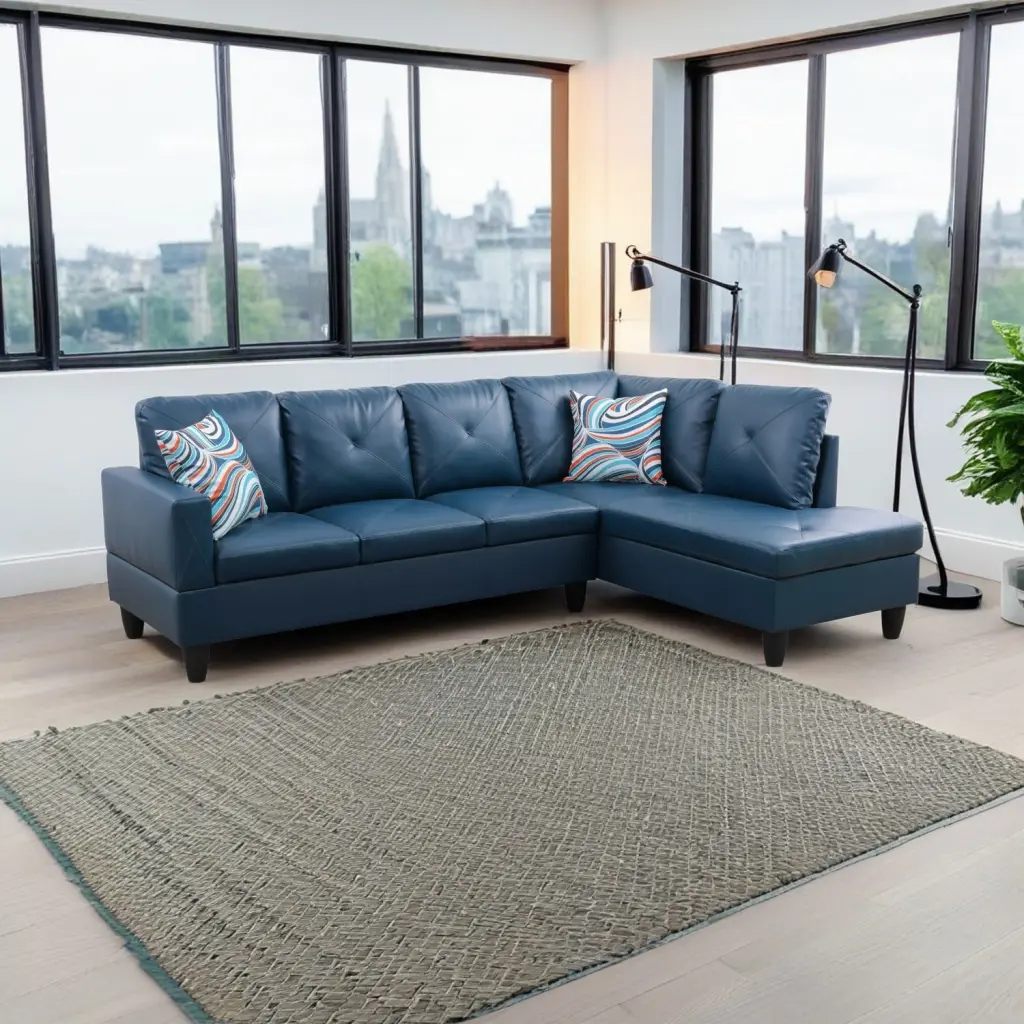 Hommoo 4-Seat Faux Leather L-Shaped Sectional Sofa Set Living Room Denim