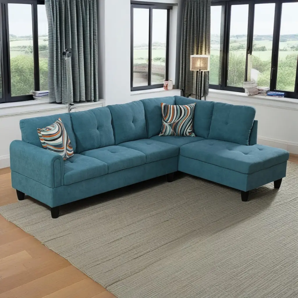 Hommoo 4-Seat L Shaped Sectional Sofa Set Flannel Couch Living Room Apartment Dorm Green