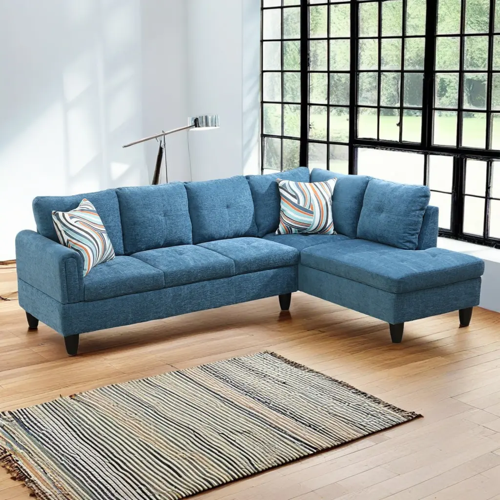 Hommoo 4-Seat L Shaped Sectional Sofa Set Flannel Couch Living Room Apartment Dorm Blue