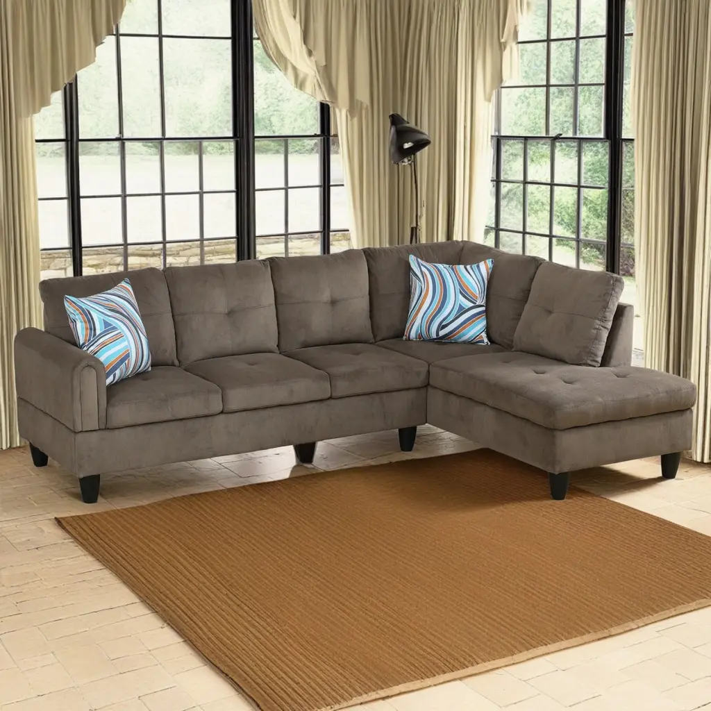 Hommoo Corduroy L-Shaped 4-Seat Sectional Sofa Set Living Room Apartment Dorm Brown