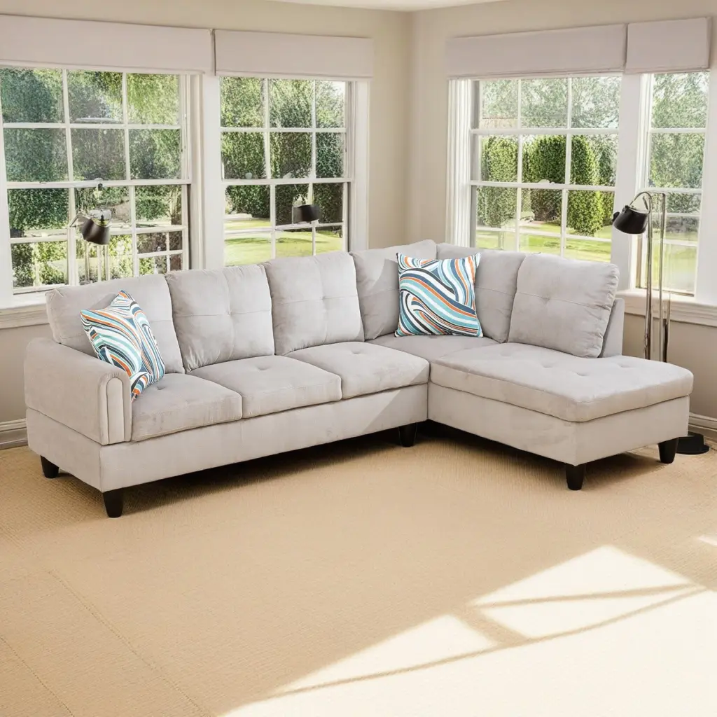 Hommoo Corduroy L Shaped Sectional Sofa Set 4-Seat Couch Living Room Apartment Dorm Grey White