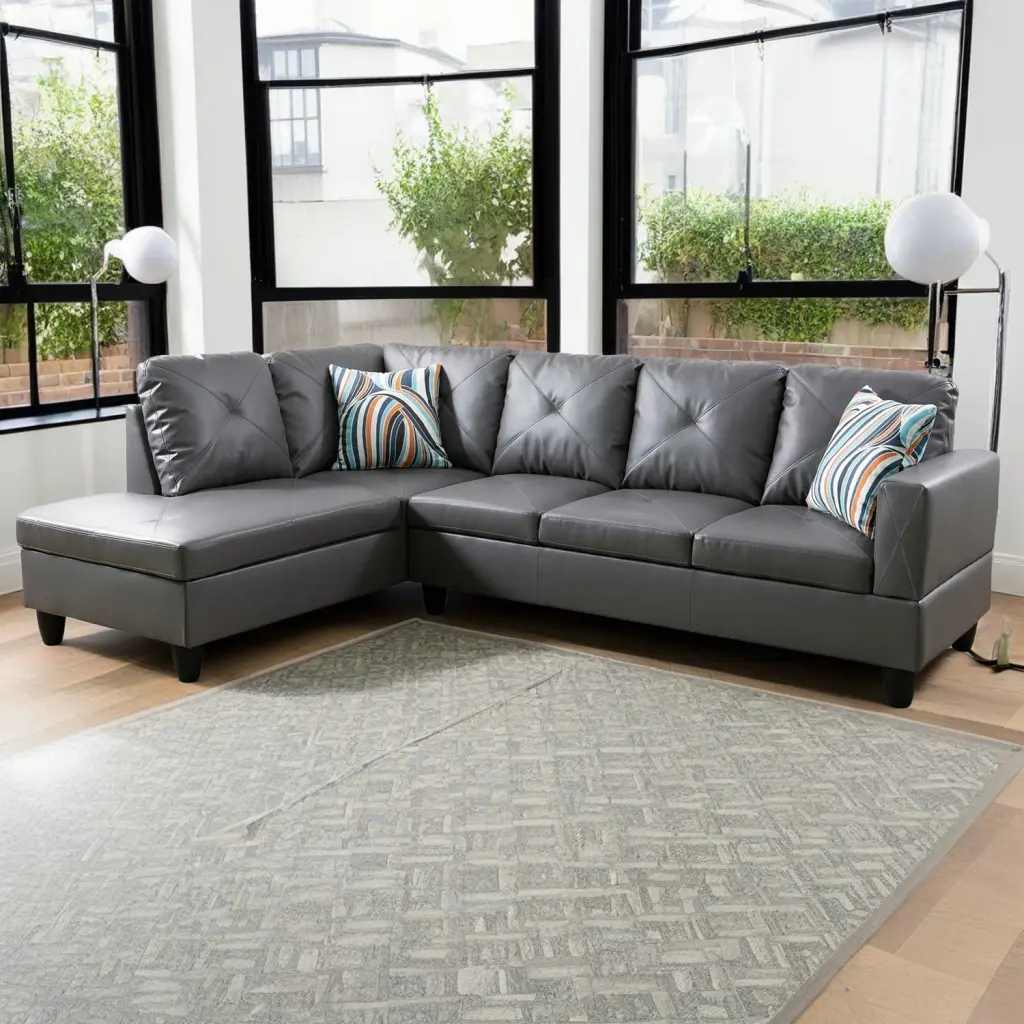 Hommoo Faux Leather L-Shaped 4-Seat Sectional Sofa Set Living Room Dark Grey