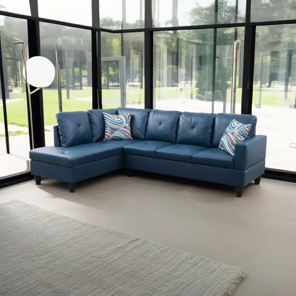 Hommoo Faux Leather L-Shaped 4-Seat Sectional Sofa Set Living Room Denim