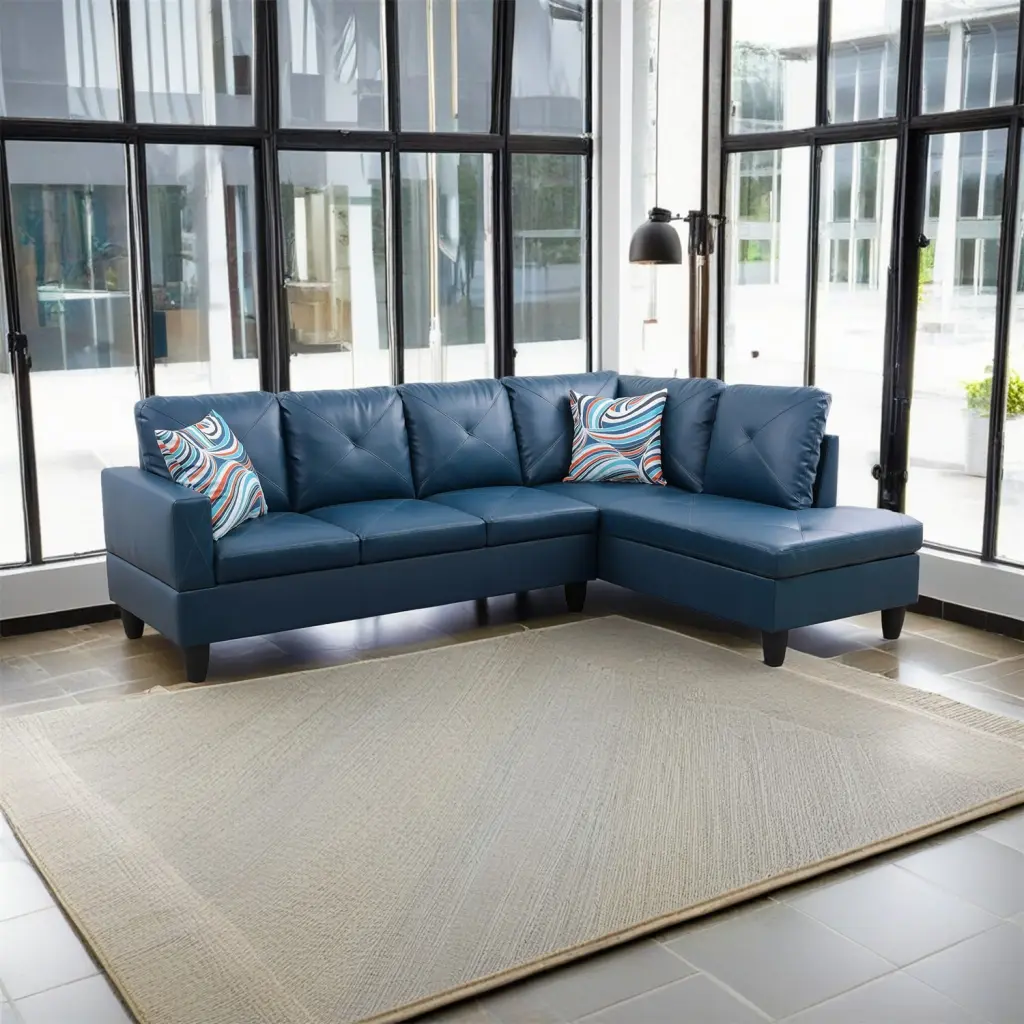 Hommoo Faux Leather Modern L Shaped Sectional Sofa Set 4-Seat Couch 16 Back Height Home Apartment Dorm Denim