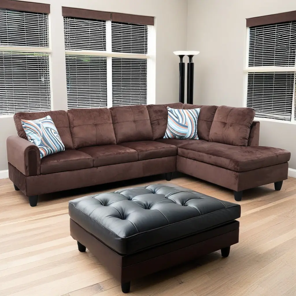Hommoo Flannel Living Room Furniture 4-Seat L Shaped Sectional Sofa Set Chocolate No Ottoman