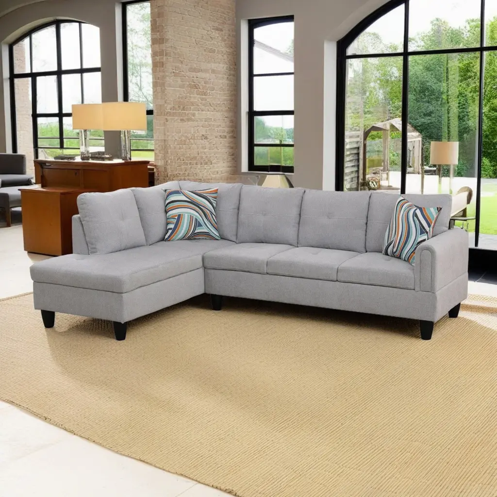 Hommoo Flannel L-Shaped 4-Seat Sectional Sofa Set Living Room Apartment Dorm Grey