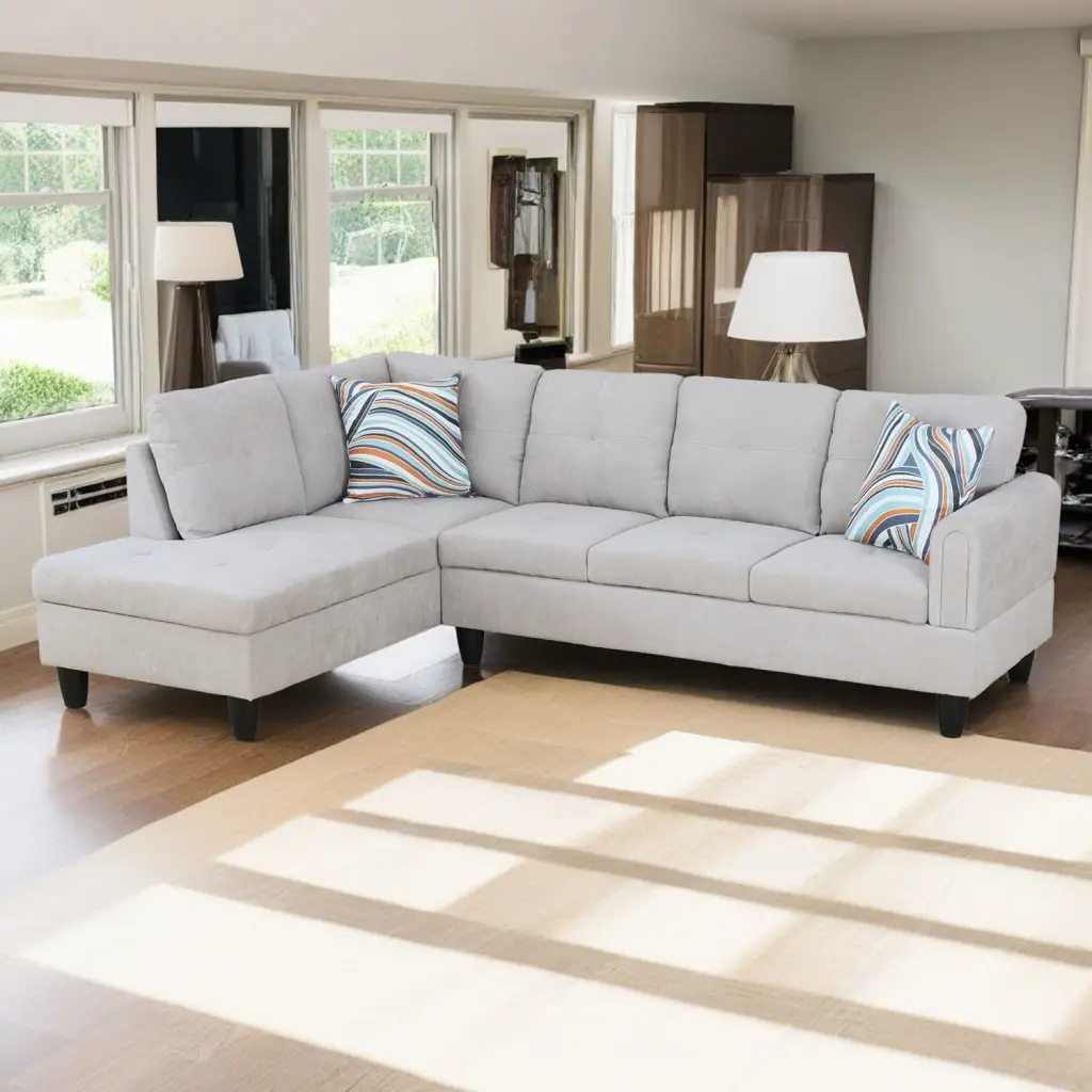 Hommoo Flannel L-Shaped 4-Seat Sectional Sofa Set Living Room Apartment Dorm Dark White