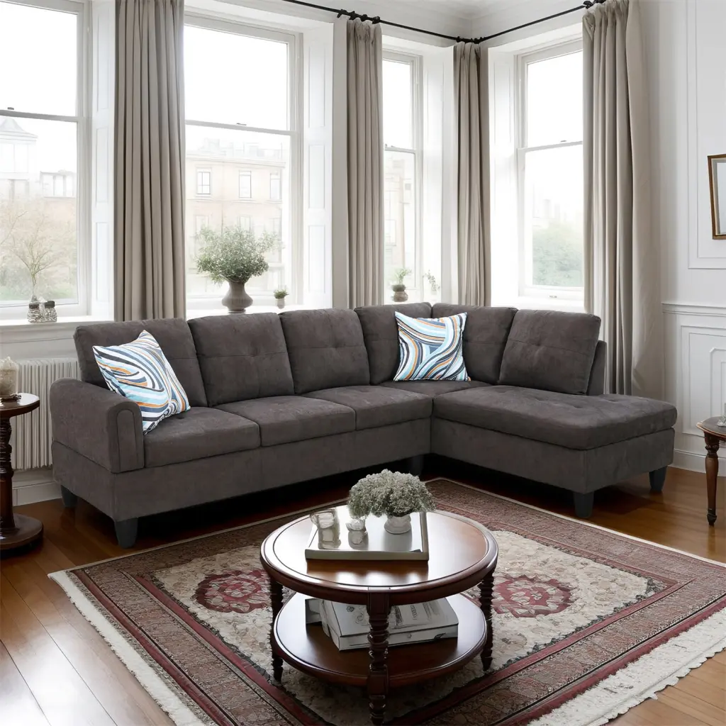 Hommoo Flannel L Shaped Sectional Sofa 4-Seat Living Room Furniture Dark Brown No Ottoman