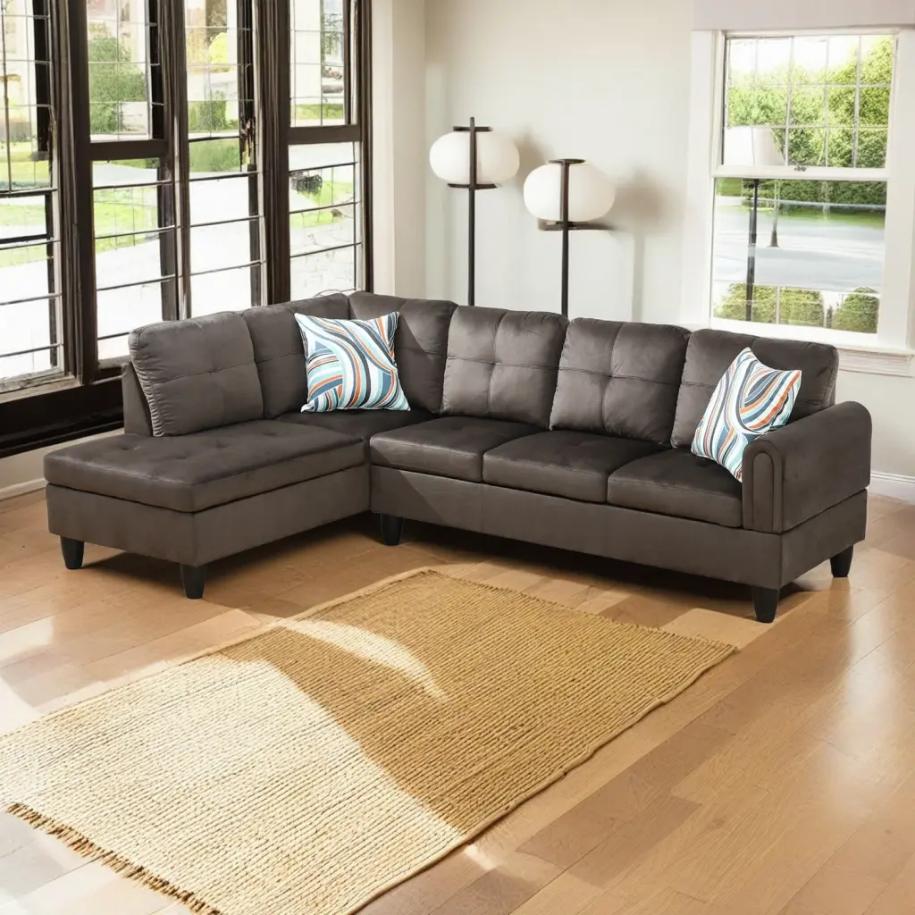 Hommoo Flannel L Shaped Sectional Sofa 4-Seat Couch Living Room Apartment Dorm Dark Brown