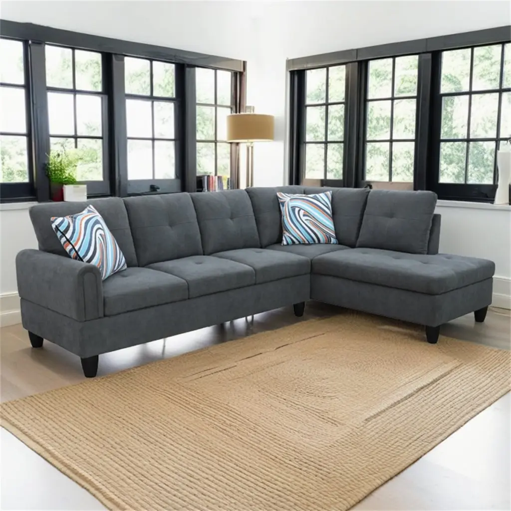 Hommoo Flannel L Shaped Sectional Sofa 4-Seat Couch Living Room Apartment Dorm Dark Gray